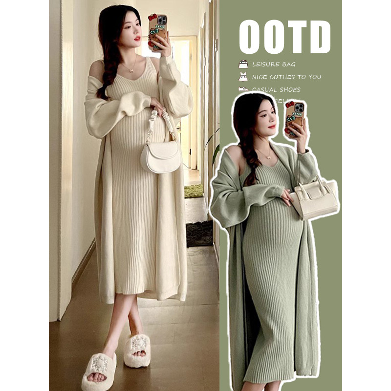 Maternidade outono vestido moda 2025 novo estilo terno estilo ocidental outono inverno estilo preguiçoso mãe grávida usa