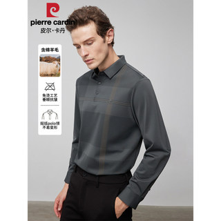 [Lã de ovelha] Pierre Cardan xadrez lapela manga comprida camiseta masculina 2025 outono camisa polo pai de meia-idade
