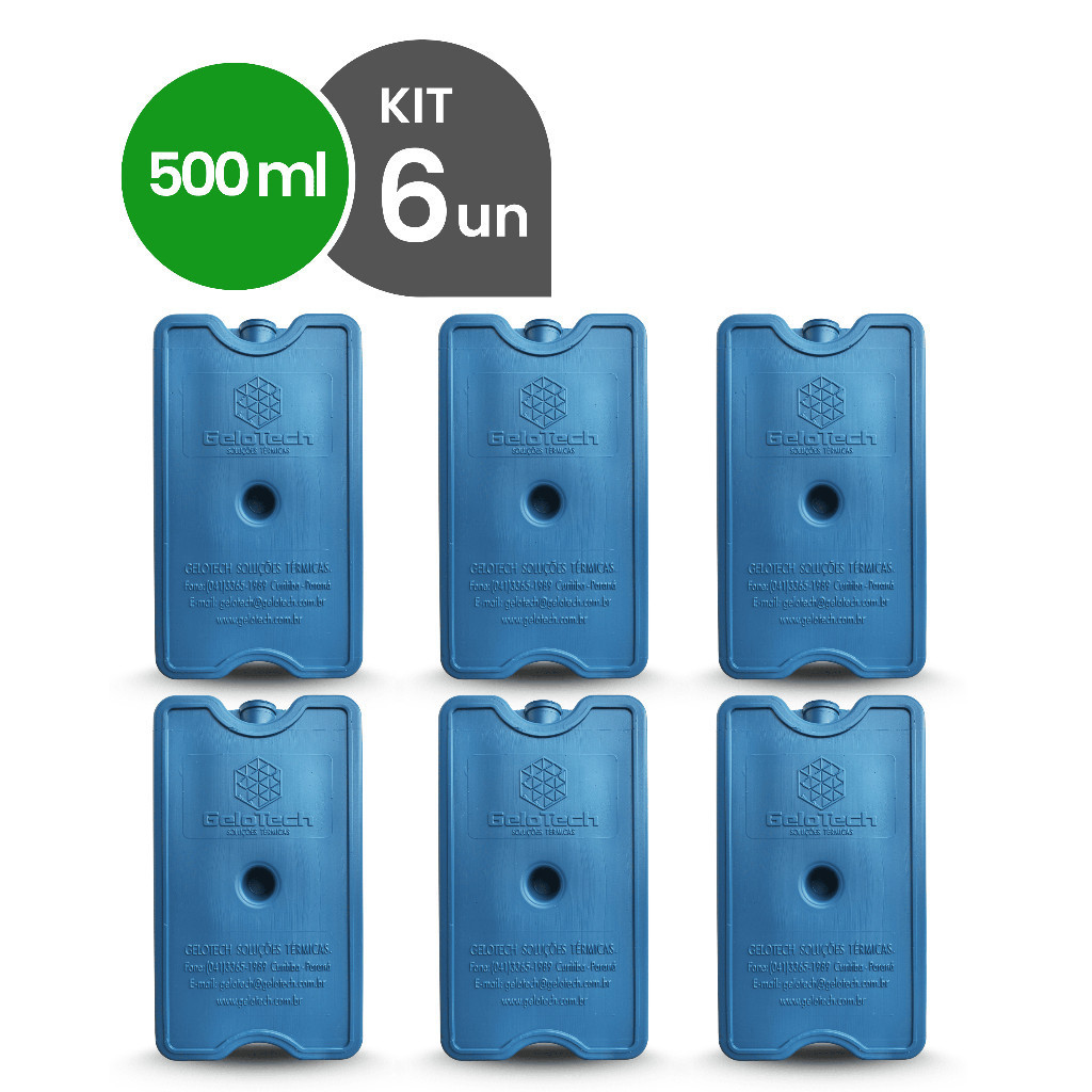 Kit 6 Gelo Reutilizável 500ml Até 8h Gelado Não Molha | GeloTech Rígido Gel Artificial Atóxico