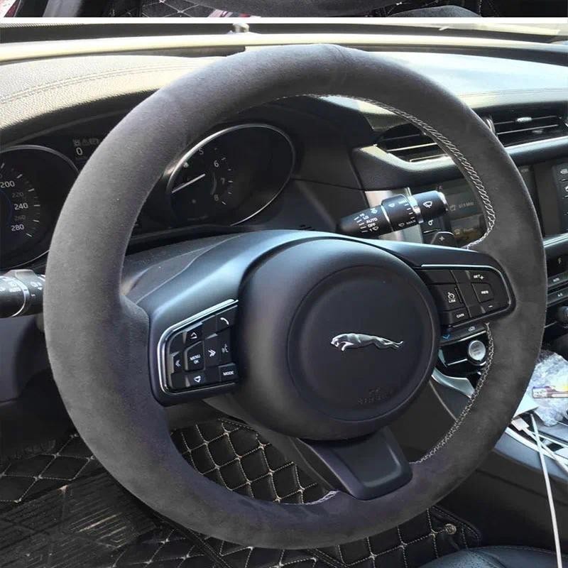 Costurado À Mão Antiderrapante Preto Couro Genuíno Camurça Capa De Volante Do Carro Para Jaguar XFL XE XJL F-PACE XKR E 
