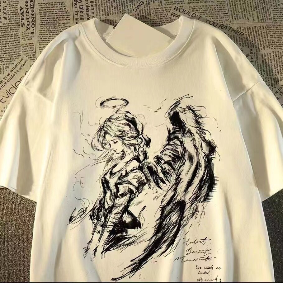 Camiseta Masculina Feminina Tema Japonês Anjo Asas Estampada Oversized Streetwear Moderna Estilosa Urbana Moda Casual
