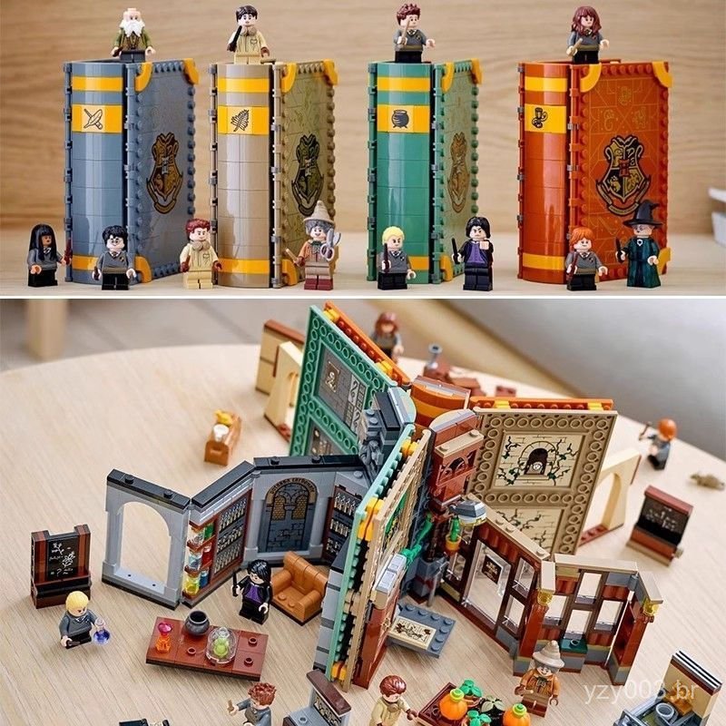 Blocos de montar Lego, livro mágico, bandeira da Academia Harry, livro pop-up, aula de deformação, aula de adivinhação,