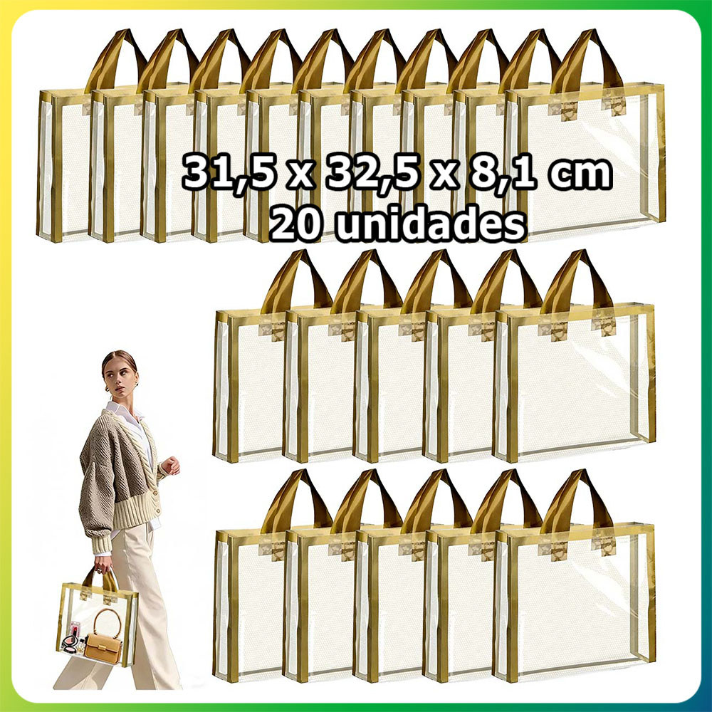 Kit 20 Dourado Bolsa de malha transparente bolsa para presente bolsa para festa reutilizável 31.5x32.5x8.1cm