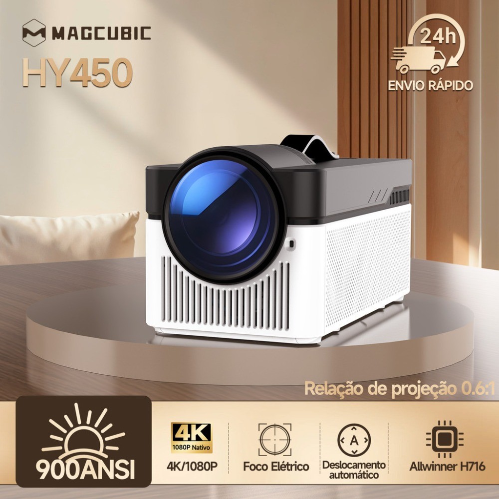 Projetor Magcubic HY450 Full HD 1080P 4K 8K 900 ANSI Foco Elétrico Android WiFi 6 Bluetooth 5.4 Controle por voz Bivolt