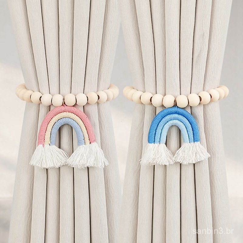 2 Peças de Prendedores Magnéticos para Cortinas, Suportes Arco-Íris, Laços de Contas de Madeira Natural IMTL