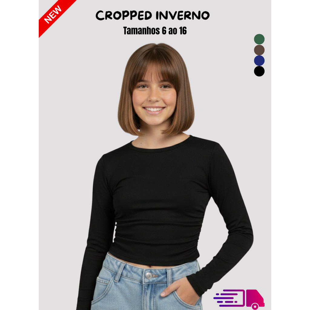 Cropped Blusa Manga Longa Gola Careca Menina Moda Inverno Infantil Juvenil