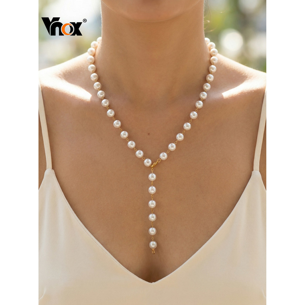 Colar Em Forma De Y De Pérola Vnox Para Mulheres E Meninas , Corrente Longa Ajustável De Aço Inoxidável , Presente De Jo
