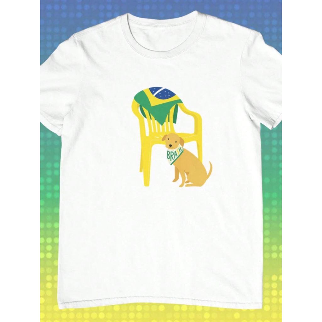 Camiseta Feminina Estampa Brasil Copa do Mundo Cadeira de Bar Cachorro Caramelo Lançamento Mais Barato