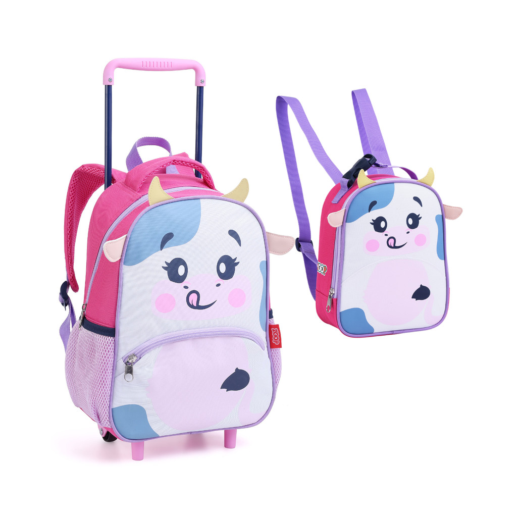 Conjunto Mochila de Rodinha 13" + Lancheira Infantil Zoop Seanite Escolar Vaquinha