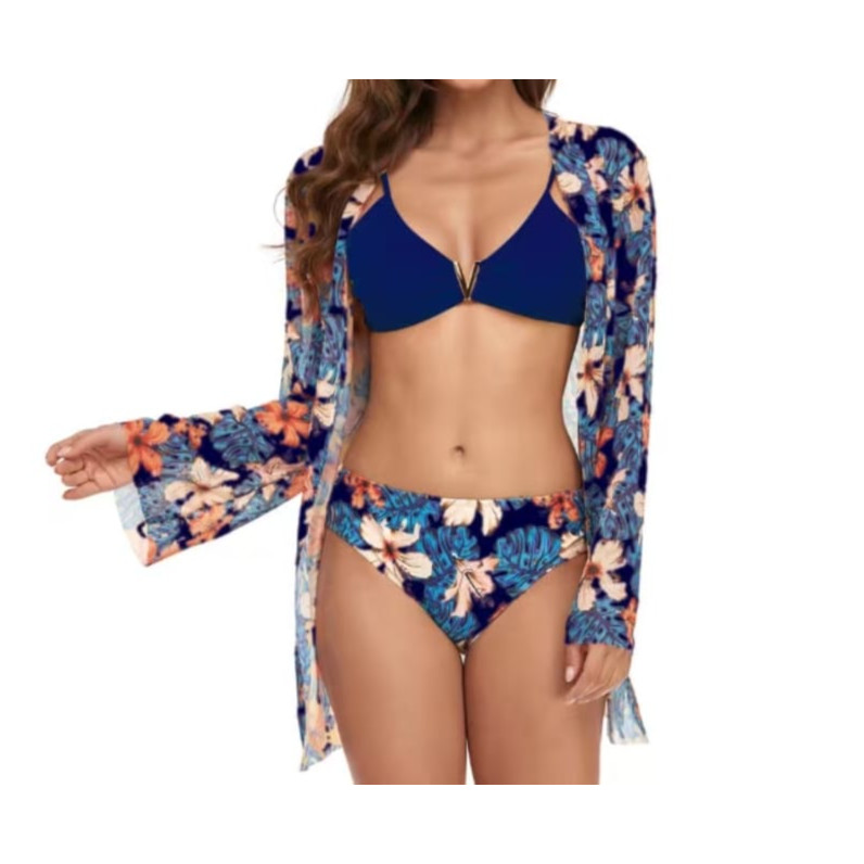 Biquíni top bojo renovável feminino conjunto estampa floral três peças metal-V moda praia piscina lazer natação
