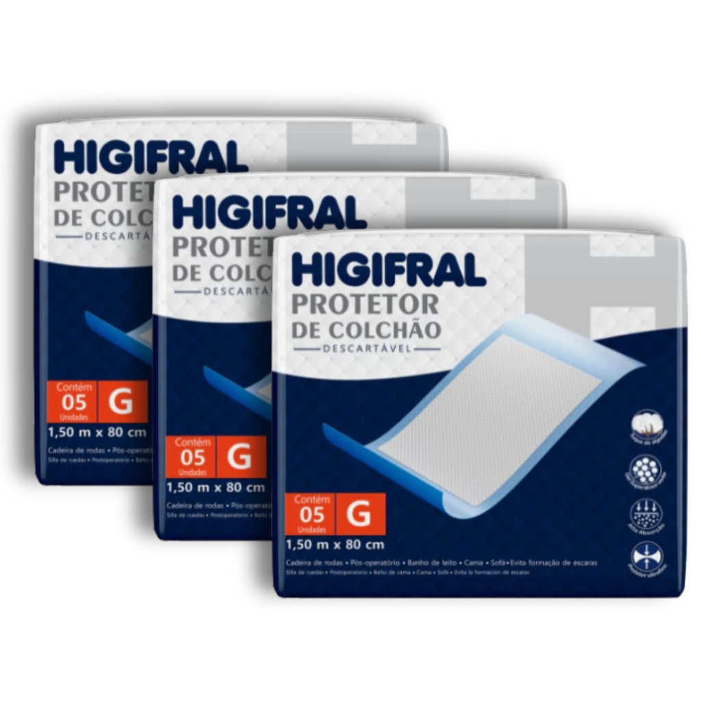 Kit 3 Protetor De Colchão Lençol Descartável Geriátrico Higifral - Tamanho G - Total 15 Unidades
