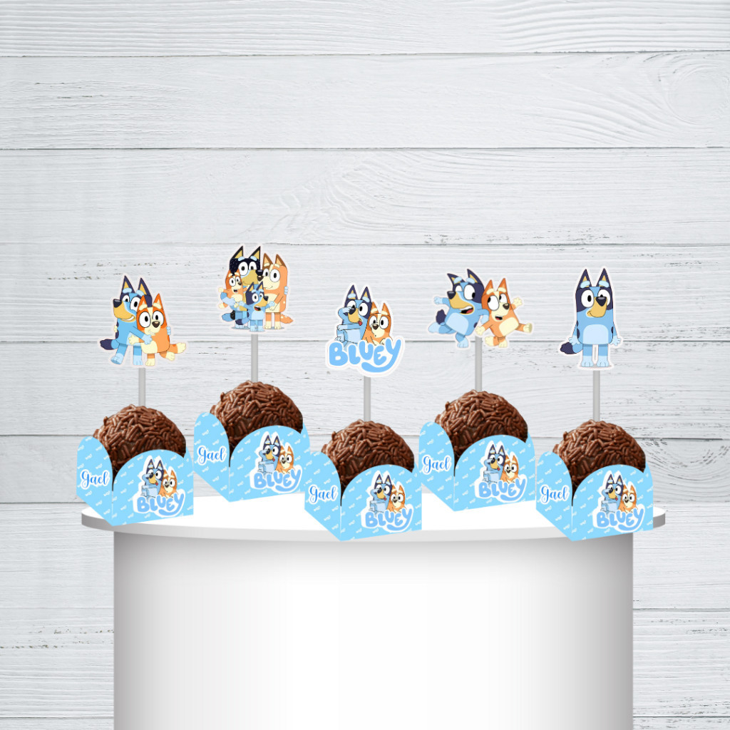Kit topper para docinhos Bluey, Bluey, forminhas- Kit 50 topper de docinhos + 50 formas para docinhos-kit 100 peças-