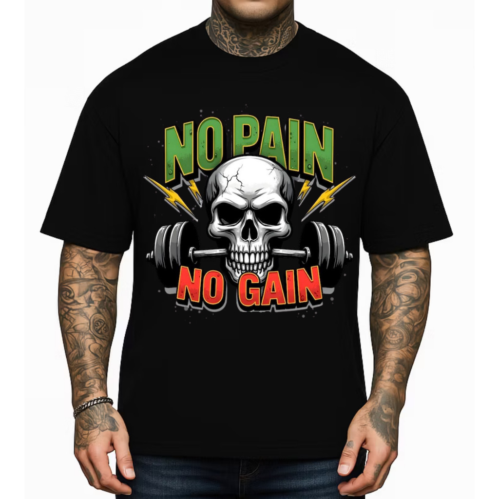 Camiseta Premium Oversized Fitness Academia No Pain No Gain Camisa Estampada Caveira Musculação P/GG