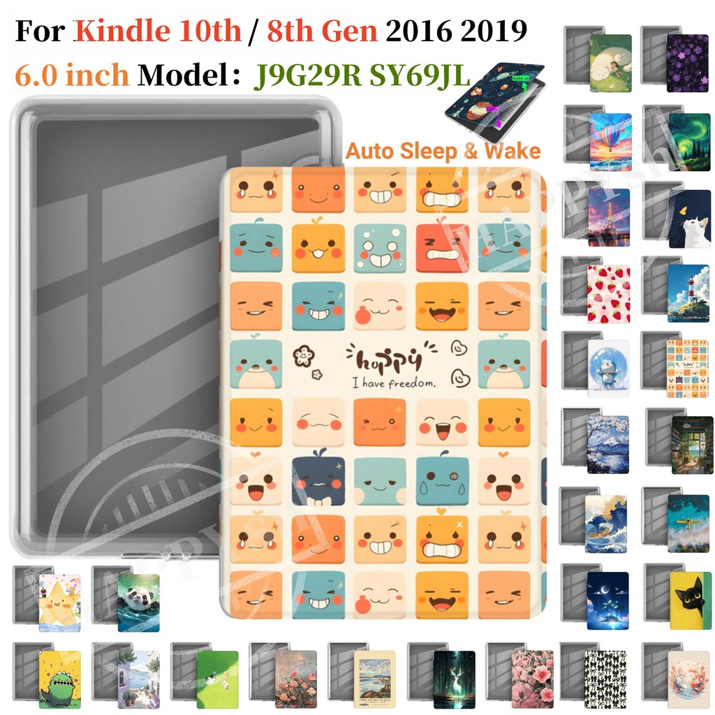 Para Kindle 10th 8th Geração 2016 2019 J9G29R SY69JL Ebook Novos Padrões Pintados Caso Transparente Acrílico Flip Capa C
