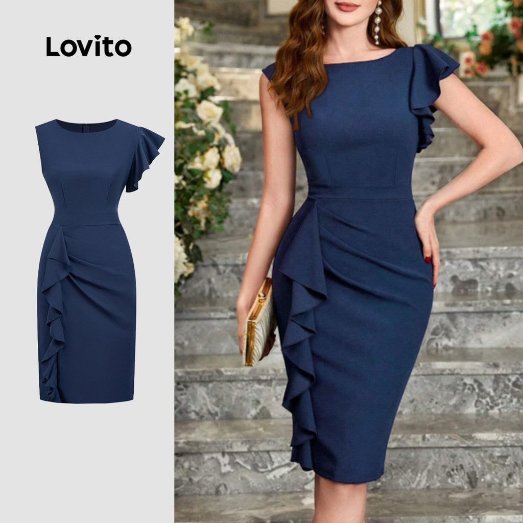 Lovito Vestido Elegante Assimétrico Azul Marinho para Mulheres Primavera/Verão L165AD874 em Oferta na Shopee