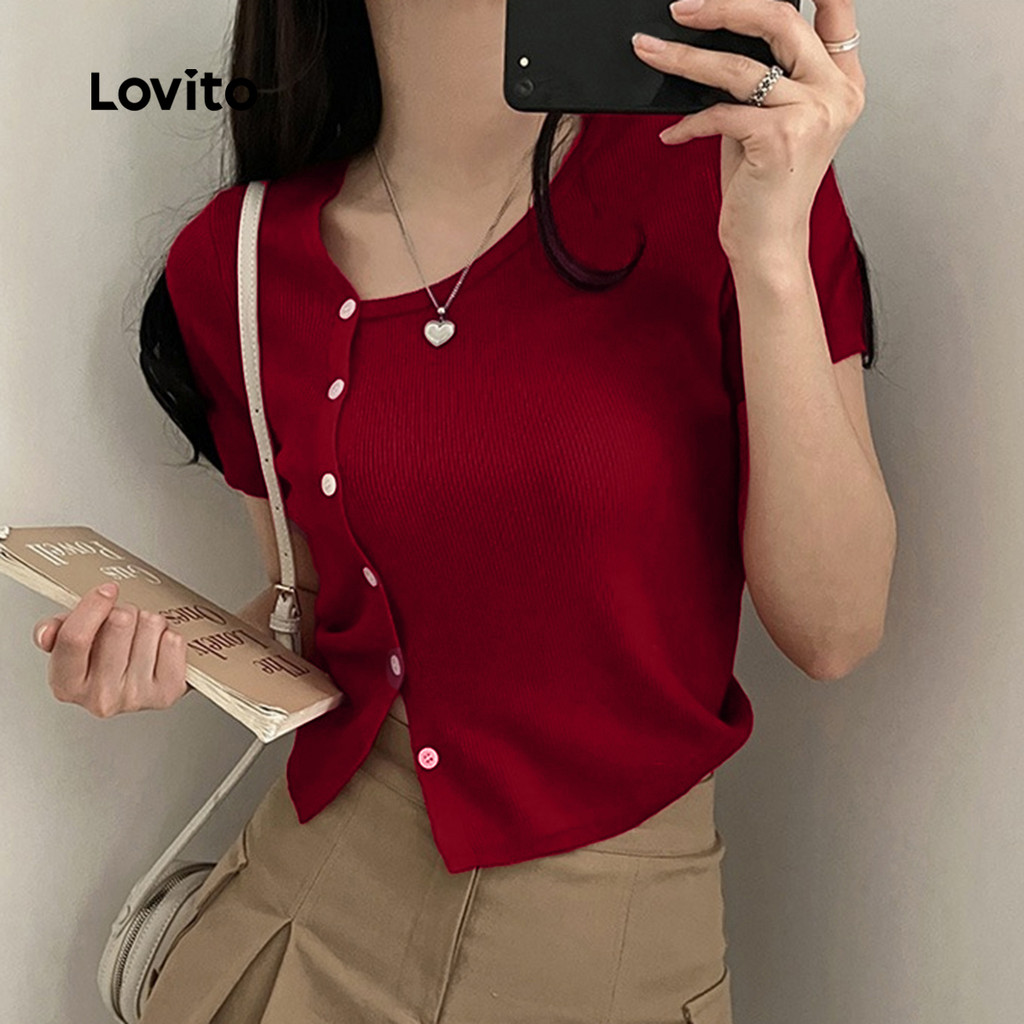 Lovito Camiseta Assimétrica com Botão Frontal para Mulheres em Vermelho Primavera/Verão L172ED1009