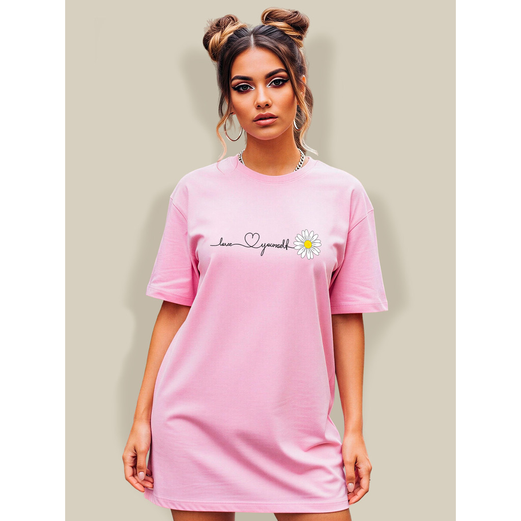 Camiseta Oversized Feminina Rosa 100% Algodão Estampada Blusão de Academia Vestido Treino hypewear Y2K