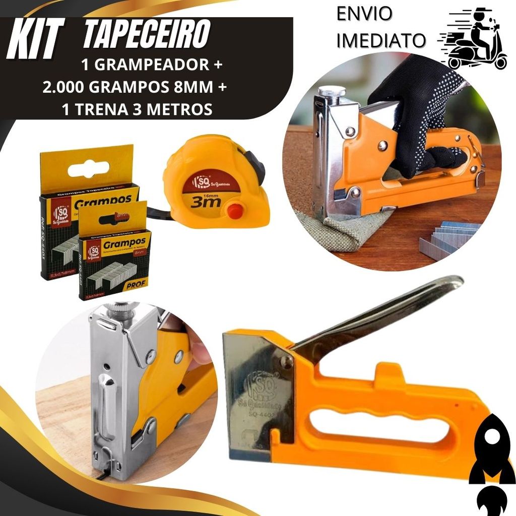 Kit Tapeceiro Grampeador e Trena ou Grampos 8mm Profissional Completo para Marcenaria