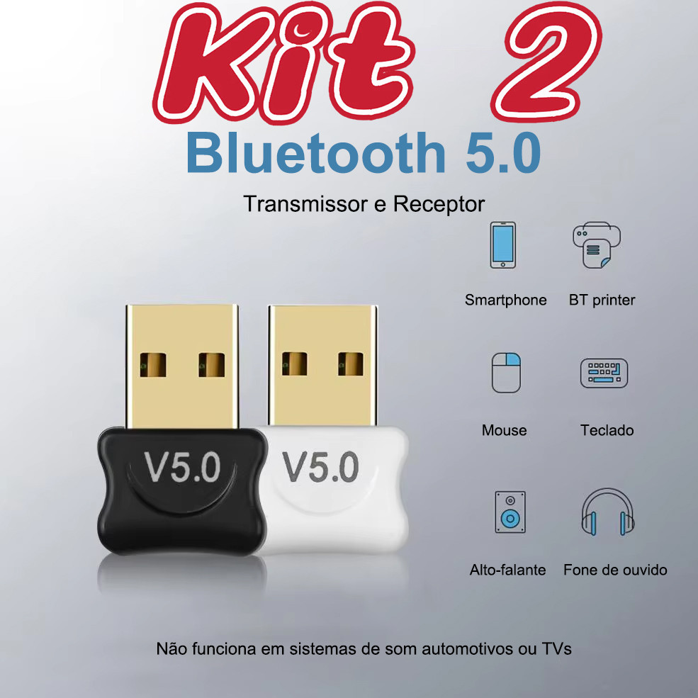 Kit 2 Adaptador Bluetooth 5.0 USB Receptor Transmissor Dongle Sem Fio para PC Áudio Música Som Casa