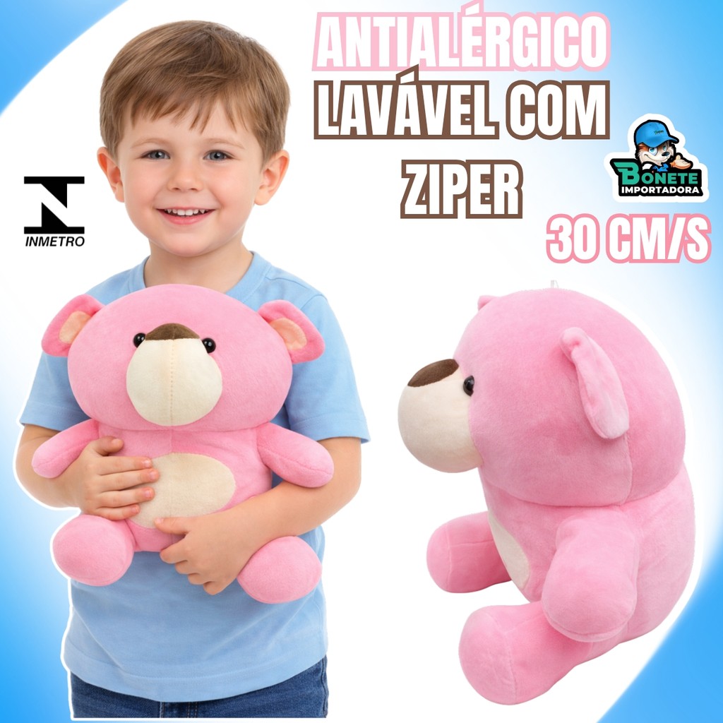 Urso Teddy Rosa de Pelúcia 30cm Lavável Antialérgico Ideal para Presente