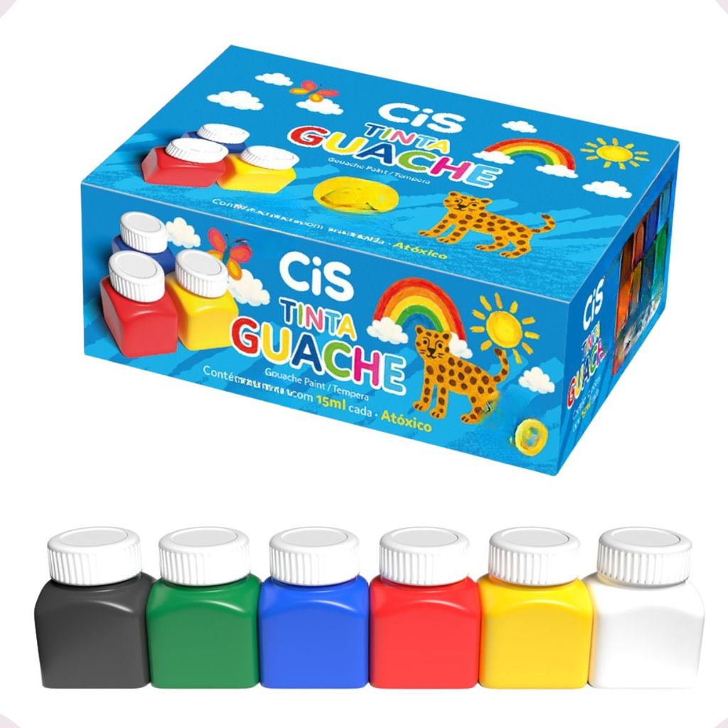 Tinta Guache 6 cores Escolar Infantil Tempera 15ml arte Cis