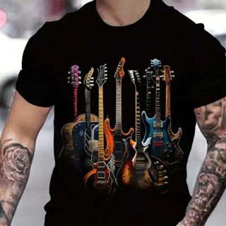 Camiseta Masculina de Gola Redonda Estampada com Guitarras ColoridasEstampa de Guitarras, Camiseta Casual De Manga Curta em Oferta na Shopee