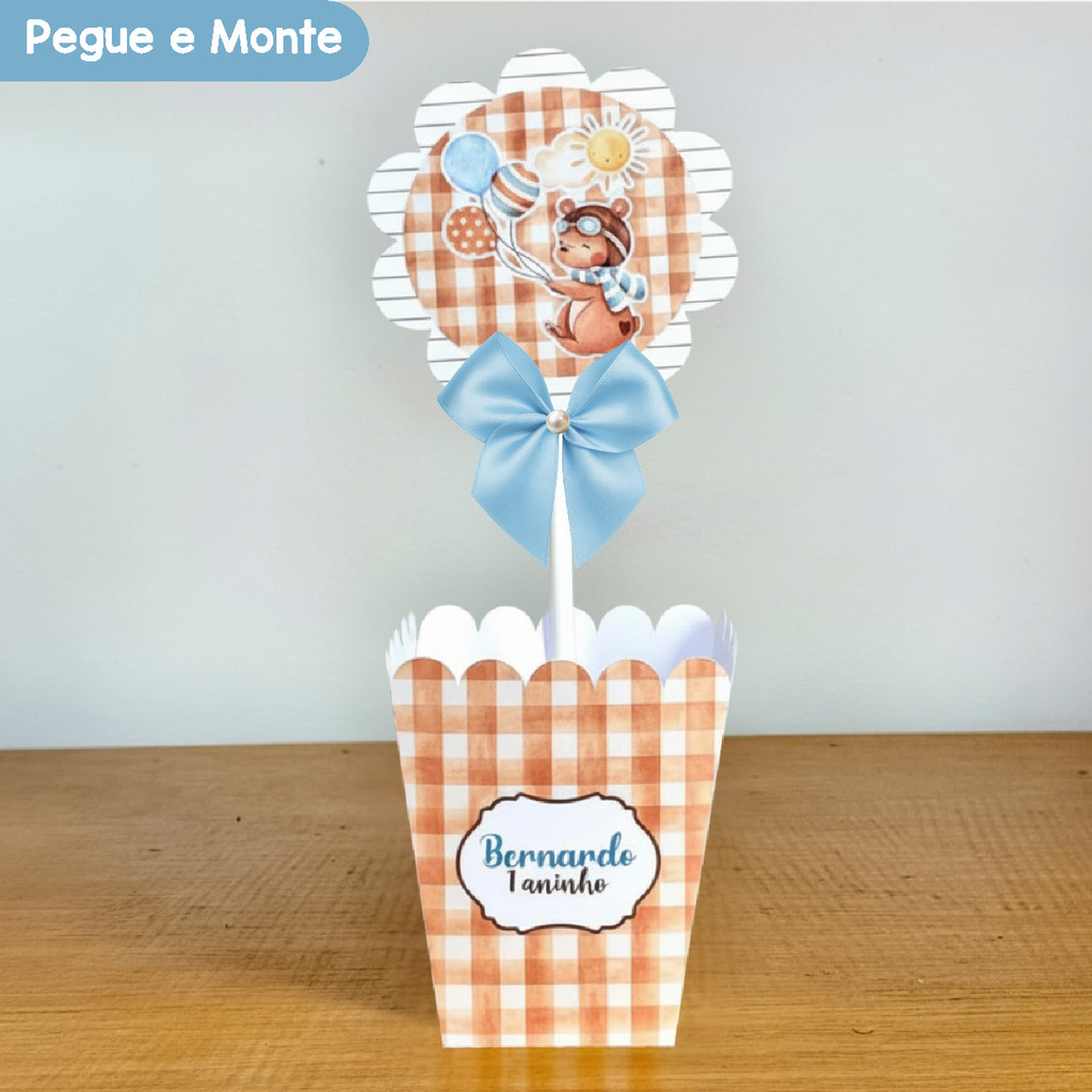 Centro de Mesa Cachepô Ursinho Aviador | Cachepot | Personalizados | Lembrancinhas | (Pegue e Monte)