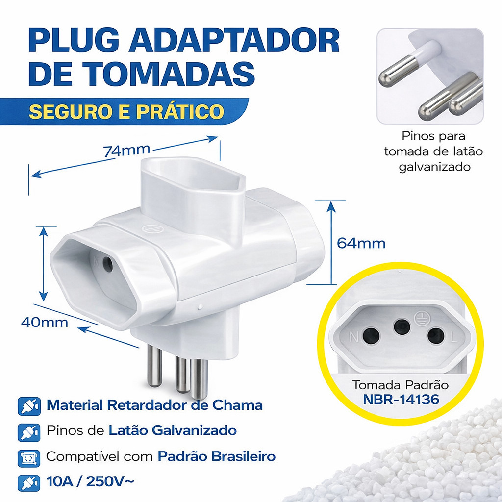 Adaptador de Tomada T 3 Saídas Bivolt 10A 250V PLUGUE Triplo Extensão Divisor de Tomada Residencial