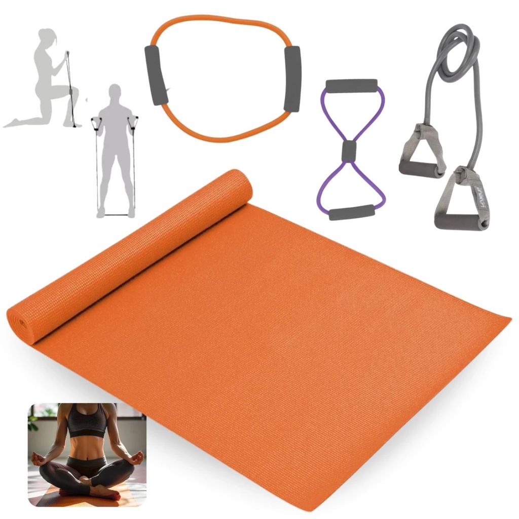 Kit Yoga Pilates 1,73m Colchonete + 3 Elásticos de Resistência Variável