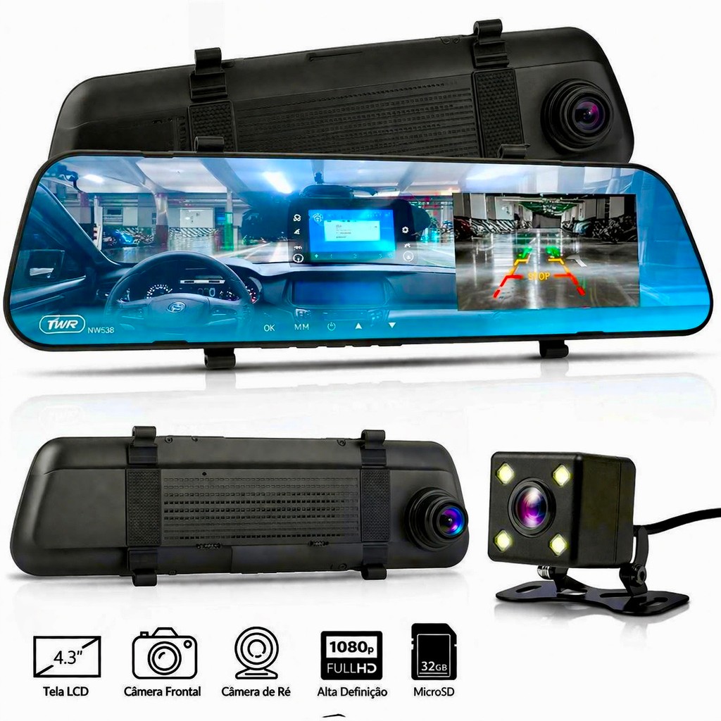 Câmera Retrovisor Com 2 Câmeras Ré E Frontal Kit Instalação Completo Monitor Estacionamento Original