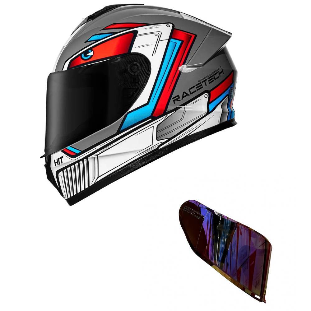 Capacete Race Tech Hit Android Cinza e Vermelho Mais Viseira Camaleão Vermelha