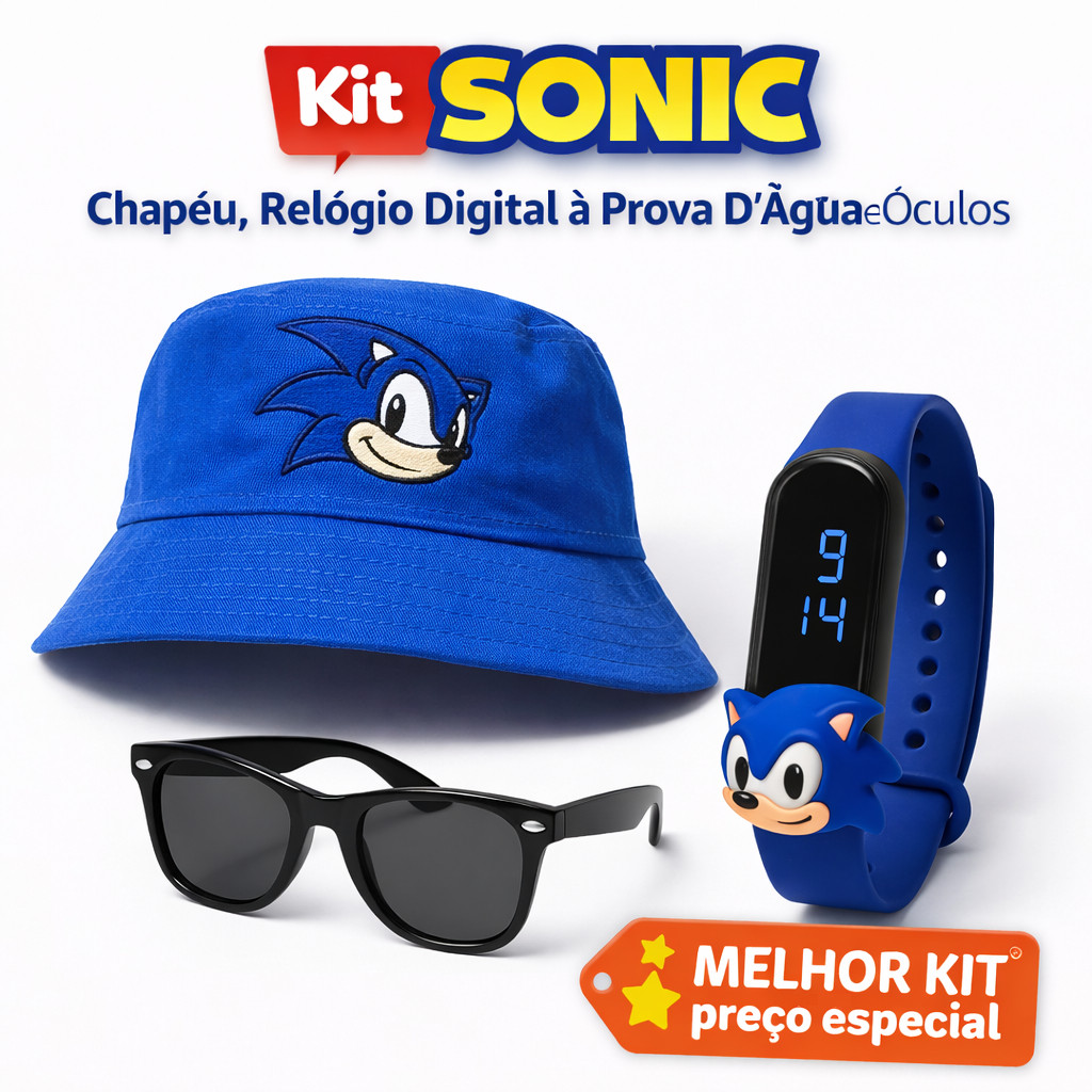 Kit Infantil Sonic Chapéu Bucket + Óculos + Relógio Digital Prova D’Água Presente Criança Menino Moda Praia Piscina
