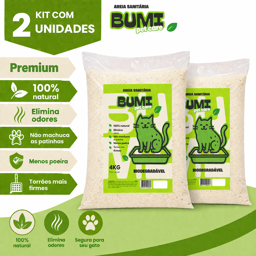 Kit 2 Areia Higiênica  Biodegradável de Milho e Mandioca Grãos Grossos Bumi Pet 4 kg