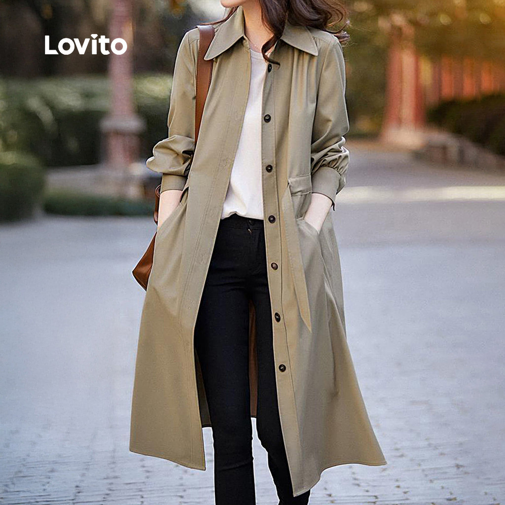 Lovito Casaco Khaki Elegante de Botão com Bolso Frontal para Outono/Inverno LNL141448 em Oferta na Shopee