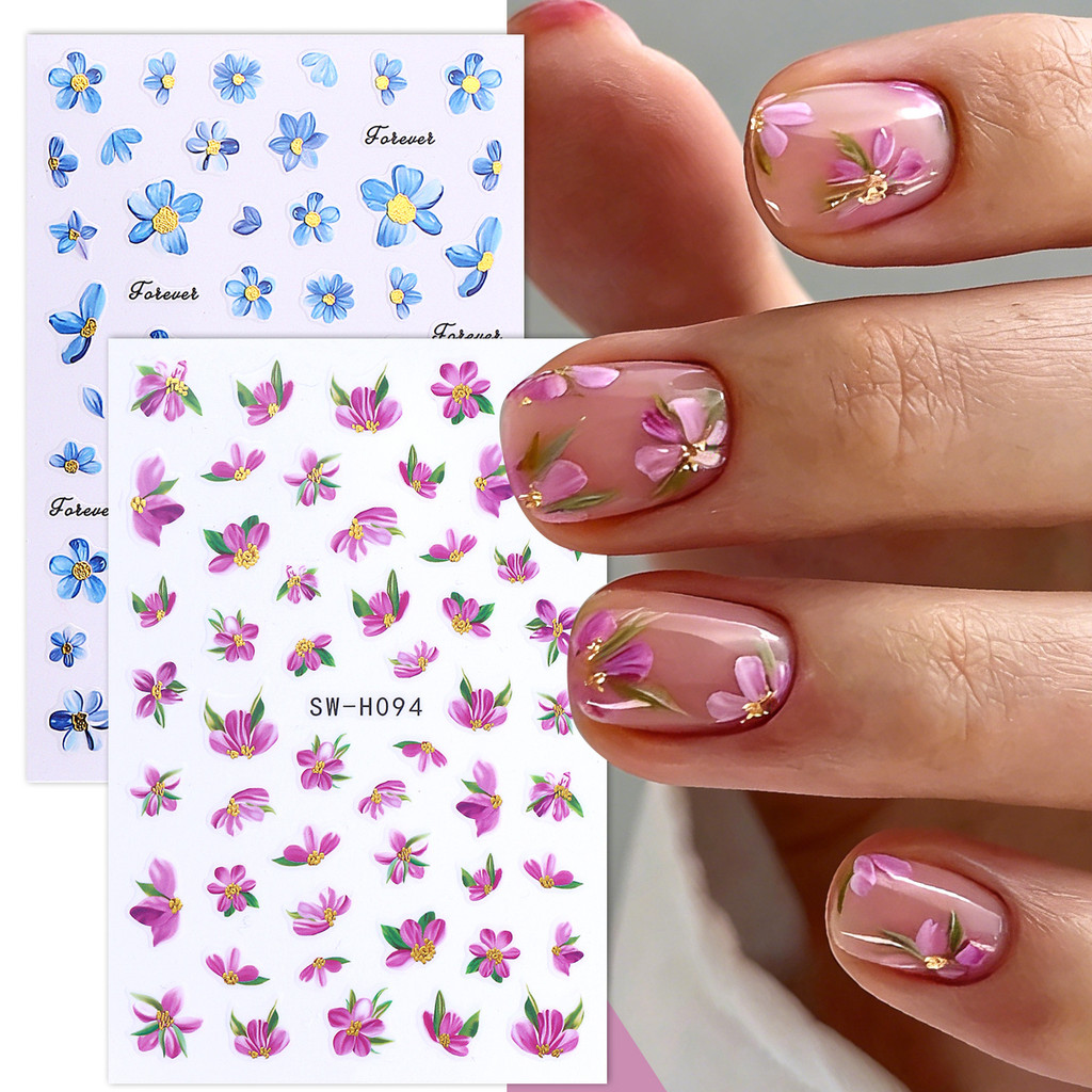 Bronzeamento Rosa Azul Pintura Flores Decalques Para Unhas Pequenas Folhas Florais Design Ouro Estame Verão Adesivos Man