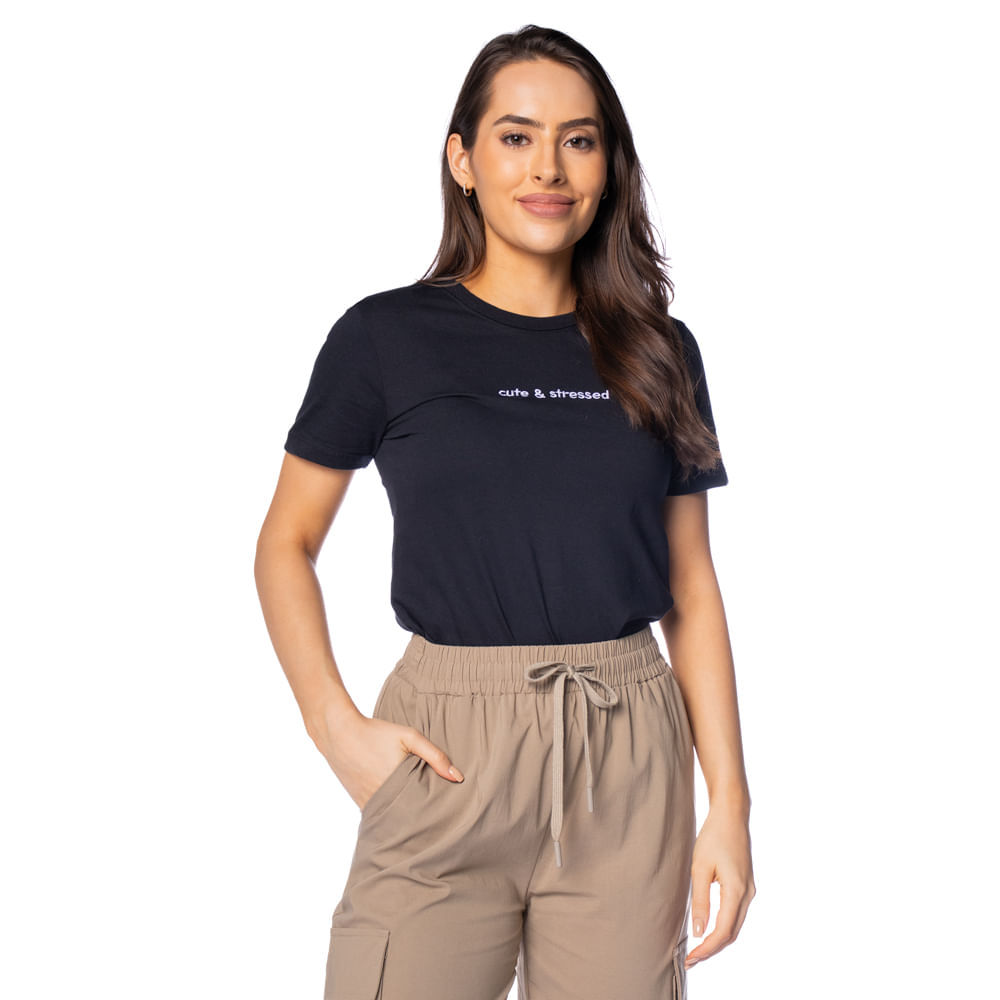 Camiseta Feminina Feliny Cute & Stressed Preto em Oferta na Shopee