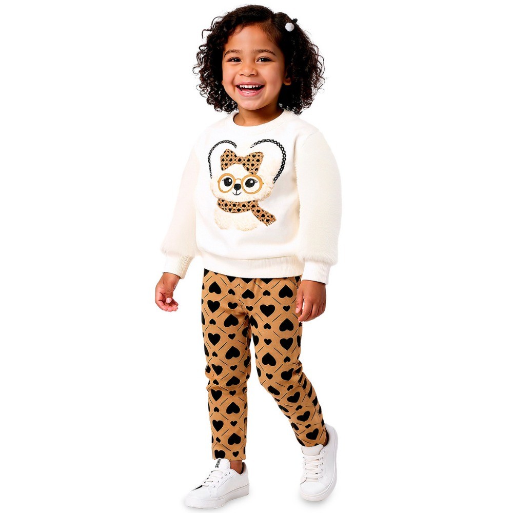 Conjunto Menina Kyly Casaco Moletom Peluciado e Legging Molicotton Estampado Off/Caramelo