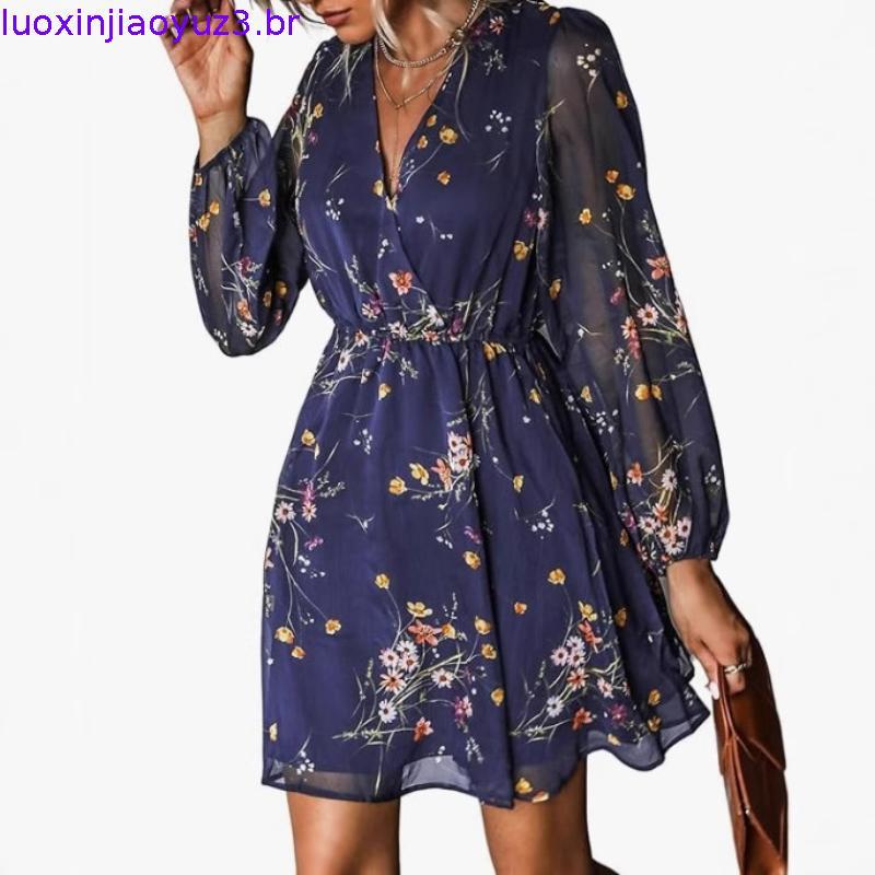 Mini vestido feminino de verão vestido de manga comprida temperamento vestido feminino Sexy