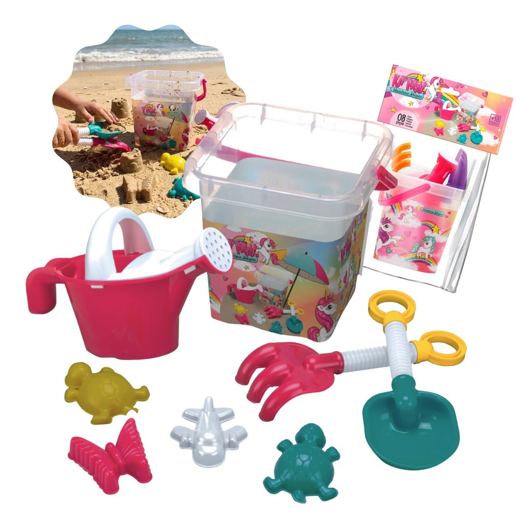 Kit Completo Praia Regador Forminhas Educativo Infantil Unicórnio Baldinho 8 Peç