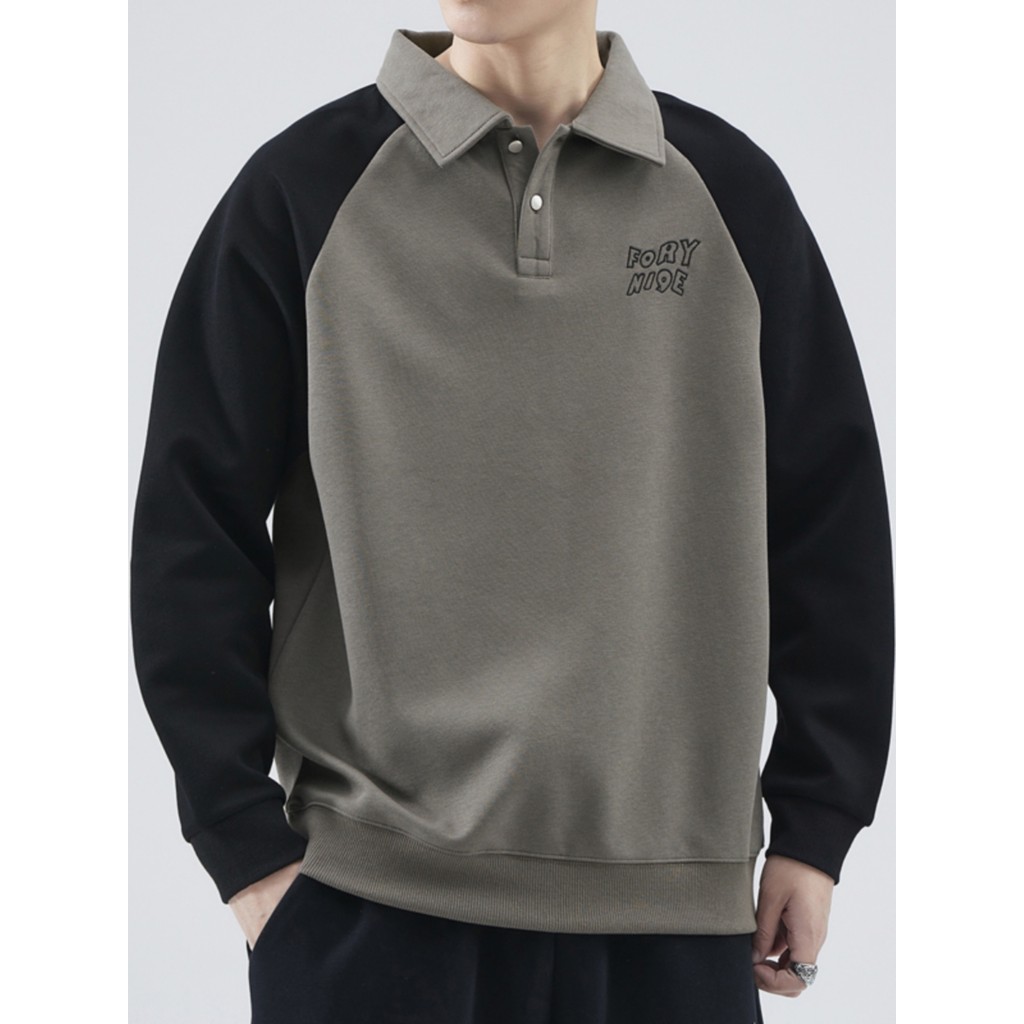Moletom masculino primavera outono pesado manga Raglan contraste cor Casual camisa POLO solta lapela rua Wear Base manga