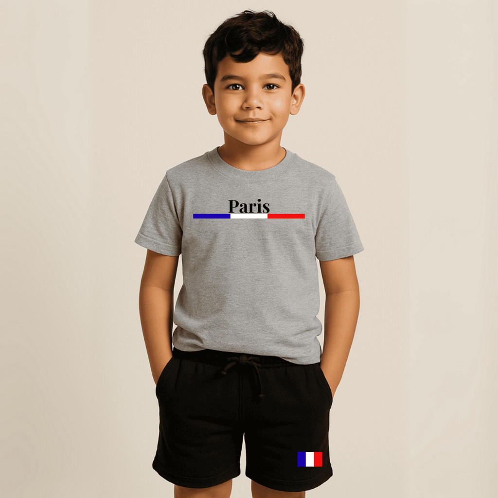 Lindo Kit Conjunto Infantil Juvenil Paris Camiseta 100% Algodão + Short Moletom Crianças Casual Confortável Premium