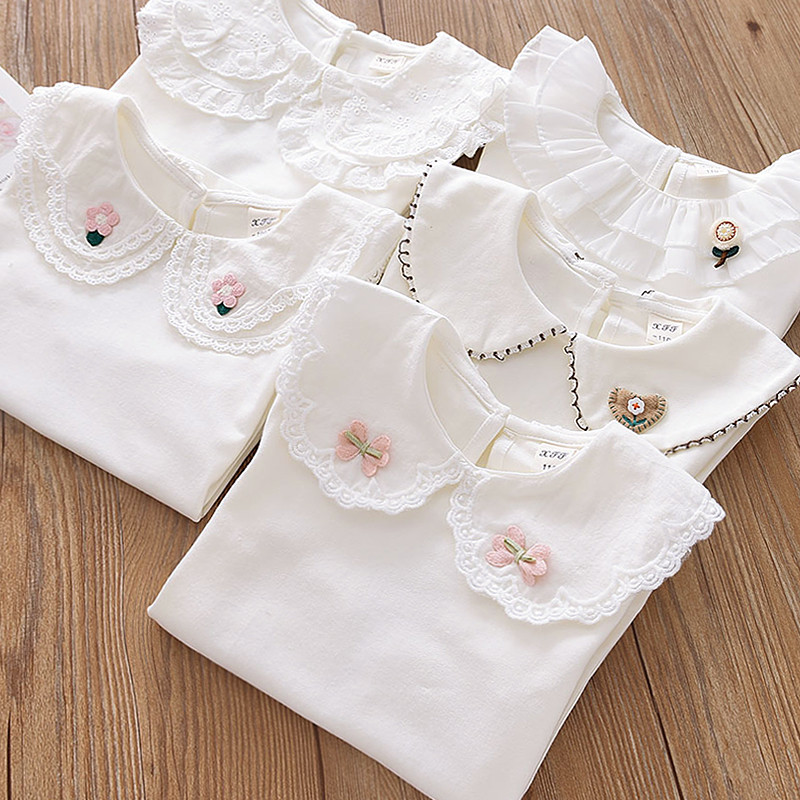 Estilo ocidental puro algodão grande lapela camisa de fundo crianças branco princesa camisa de manga comprida camiseta m