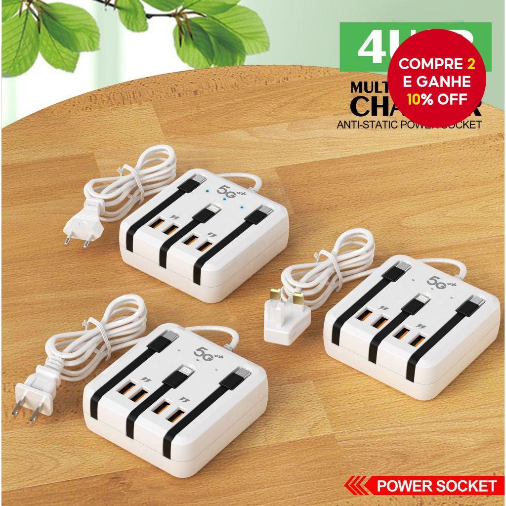 4 Portas USB + PD Carregador Multifuncional Power Strip Tipo-C Carregamento Rápido Adaptador De Mesa Carga Rápida3.0 Via