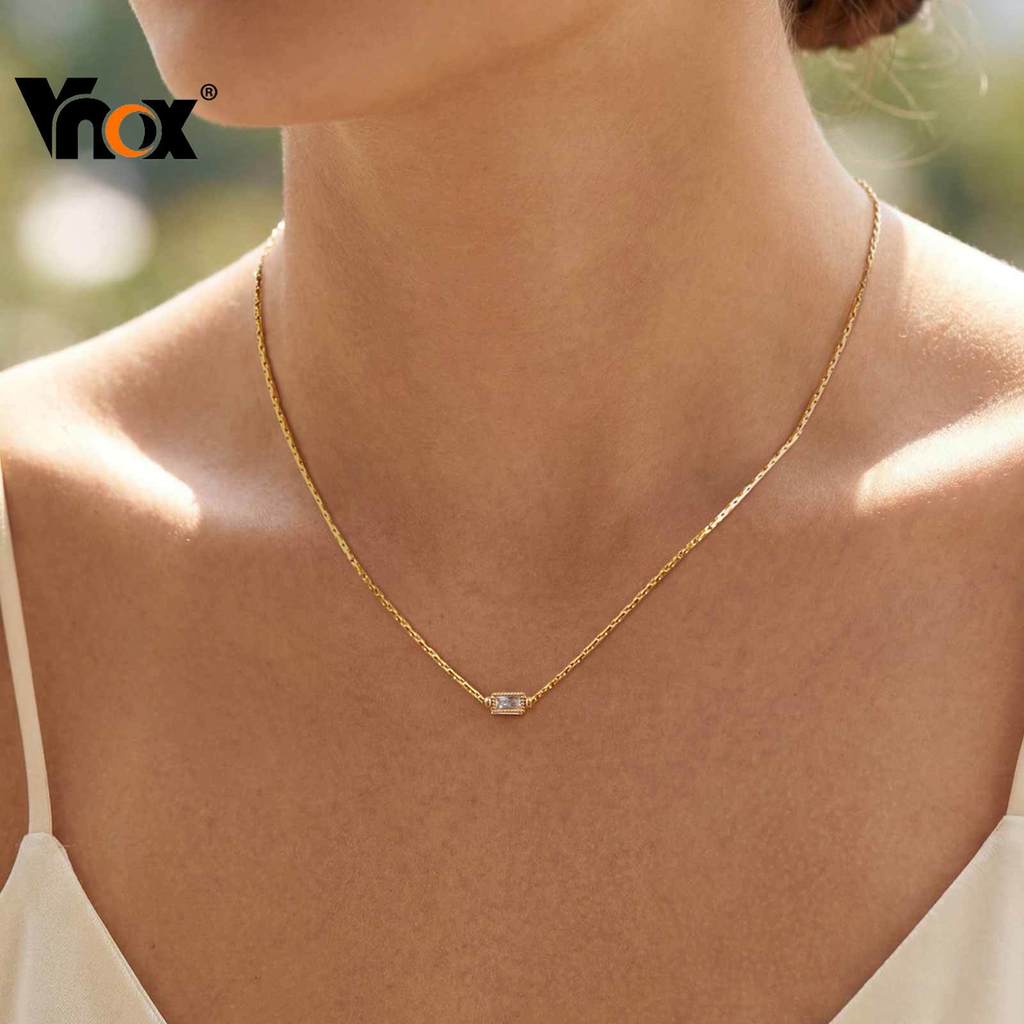 Colar Com Pingente De Zircônia Retangular De Aço Inoxidável Dourado Vnox , Joias Femininas Elegantes Para Casamento