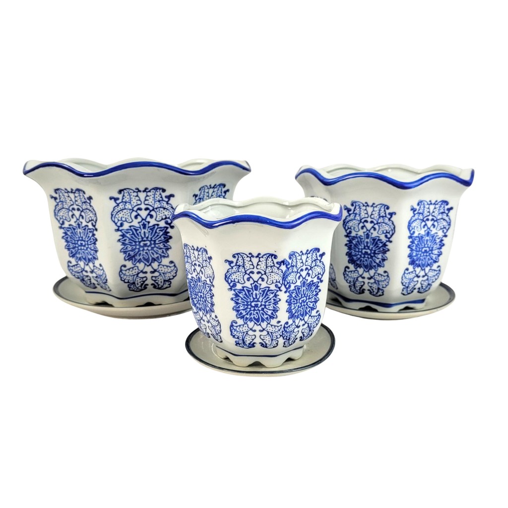 Vaso Decorativo Cachepot Azul E Branco Porcelana 3pç Heze