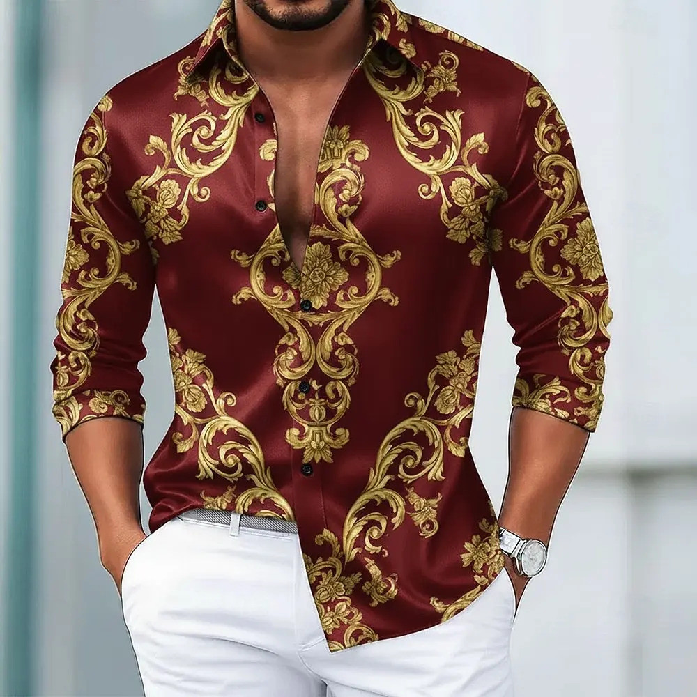 Camisa 3D Masculina De Manga Comprida , Estampa Floral Vintage De Arte Europeia , Estilo Streetwear Moderno , Top Casual
