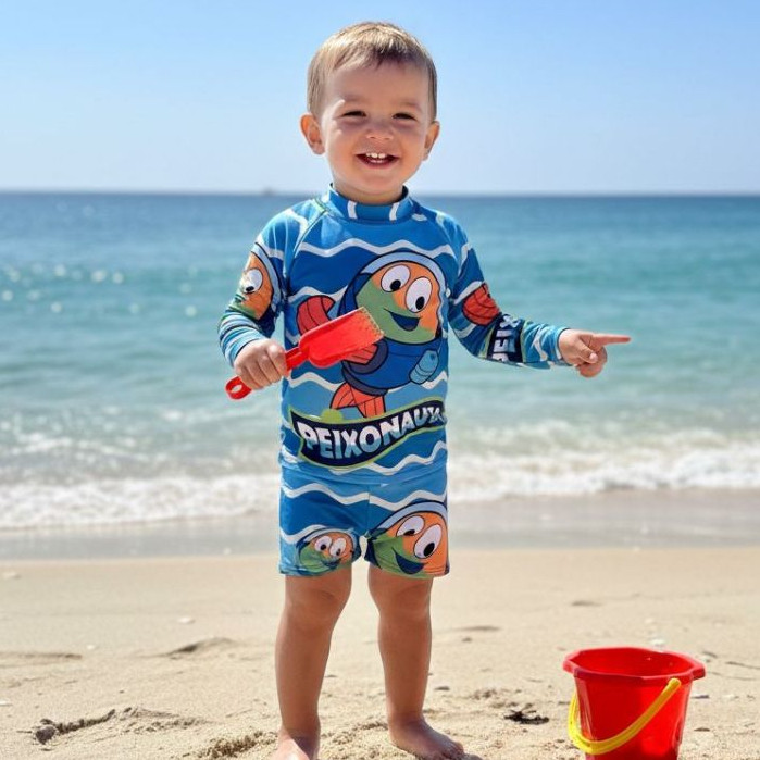 Conjunto Praia Dinossauro com Proteção UV 50+ Conjunto com sunga e camisa Mickey, Patrulha, Sonic, Homem Aranha, Stitch em Oferta na Shopee