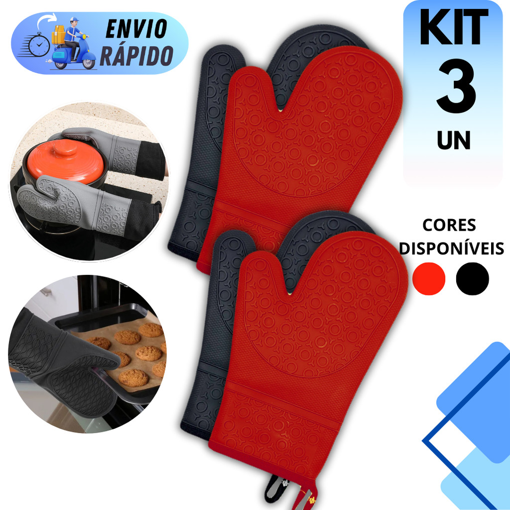 KIT 1 A 3 PARES DE LUVAS DE SILICONE FOGÃO COZINHA FORNO GRANDE ALTA QUALIDADE TEMPERATURA