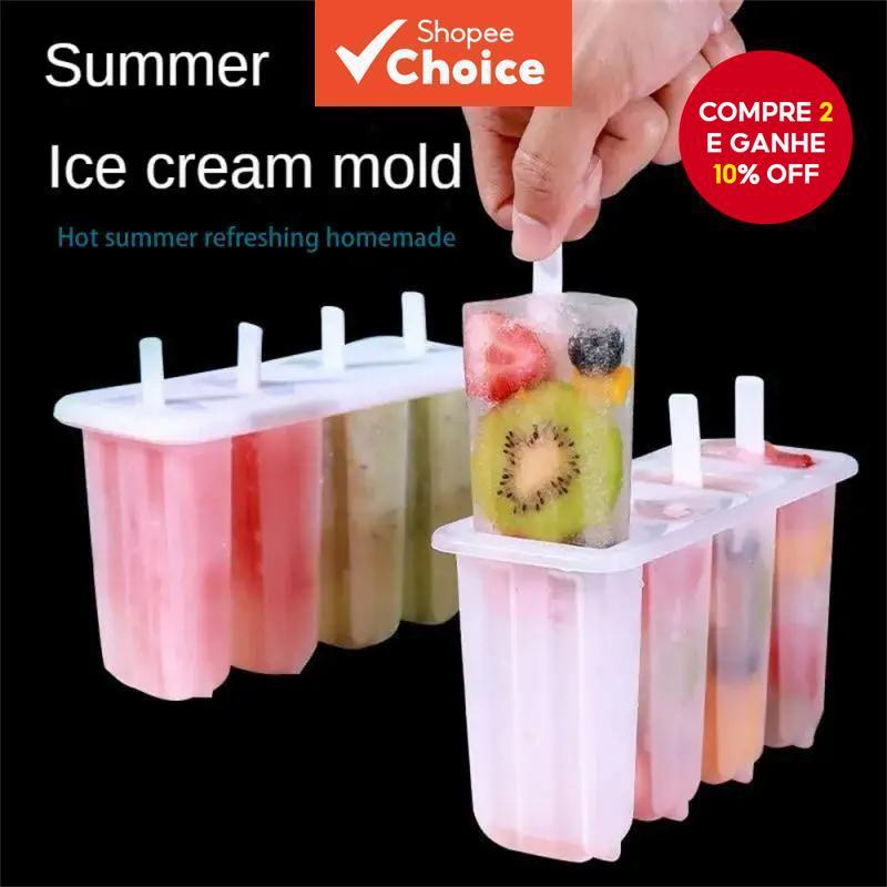 Molde De Sorvete 4 Moldes Conjunto Bandeja De Gelado De Bricolagem Reutilizável Com Tampa De Bastão