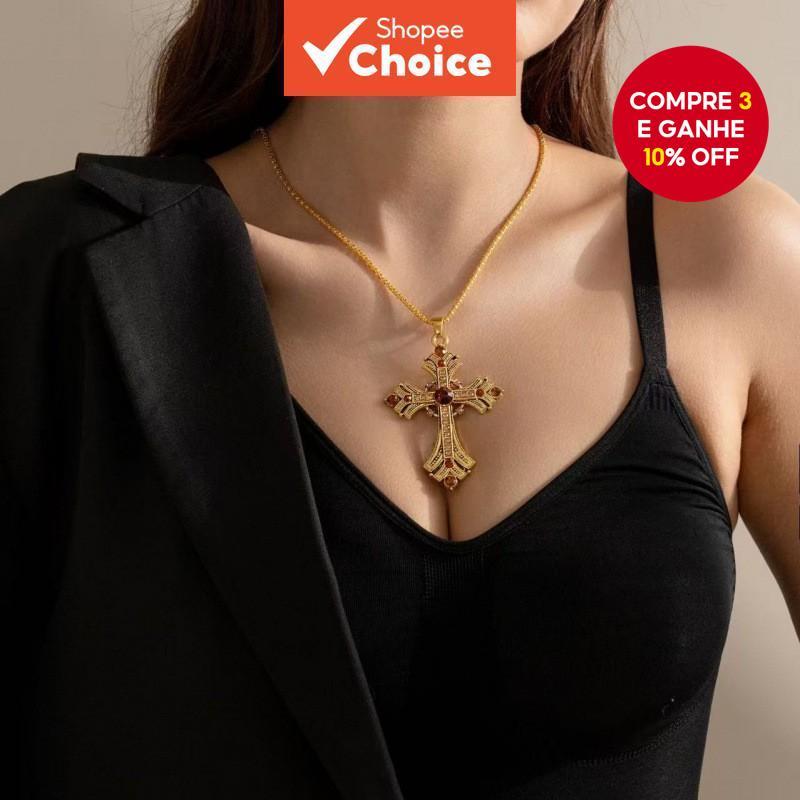 Colar Retrô Com Pingente De Cruz Dourada Para Mulheres – Joias Modernas De Clavícula Doce , Acessório De Presente Da Mod em Oferta na Shopee